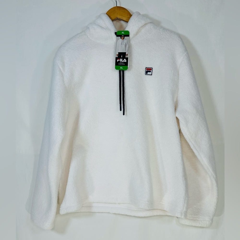 Fila Women's XL  Long Sleeve White Pullover Drawstring Hoodie Sherpa Outer New